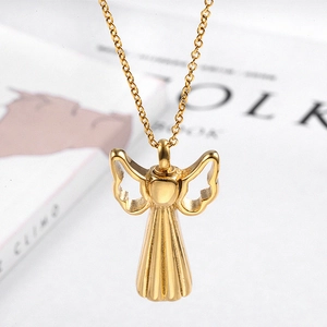 Detailed close-up of golden angel wing cremation pendant on a polished O-link chain necklace