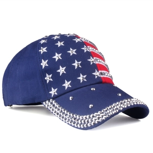 Navy blue baseball cap with American flag stripes and sparkling rhinestone star details