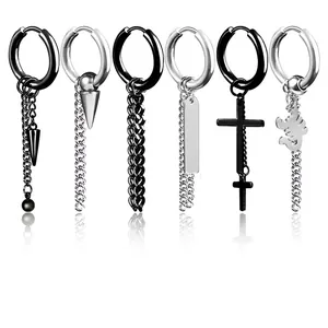 Stainless Steel Punk Gothic Hoop Earrings With Cross Skull Scorpion Star Pendant Clip On Unisex Jewelry Trendy Streetwear