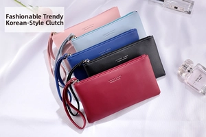 Detailed close-up of colorful faux leather wallets with wrist straps and zippers