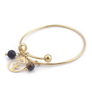 Adjustable gold stainless steel bangle with lava stone, tiger eye, and girl charm