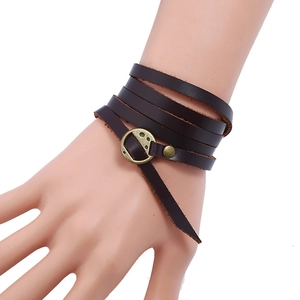 Retro multi-layer dark brown leather bracelet with embossed patterns and bronze buckle