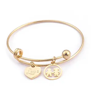 Stainless Steel Adjustable Bangle Bracelet Heart Love Boy Girl Charms Minimalist Elegant Jewelry Couple Valentine Gift