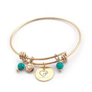 Mother's Day Gift Adjustable Stainless Steel Wire Bangle Bracelet Turquoise Beads Heart Charm Mothers Love Jewelry For Women