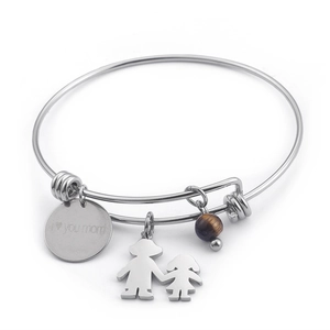 Adjustable silver titanium bracelet with heart charm and tiger eye stone for Mother's Day