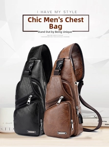 Close-up of textured leather sling bags in black and brown with external USB charging ports
