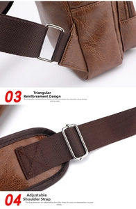 Detail of reinforced triangle stitching and adjustable metal buckle on brown shoulder bag