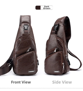 Detailed views of dark brown PU leather sling bag with lychee texture and front zipper