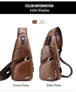 Detail of light brown lychee grain PU leather sling bag with USB charging port