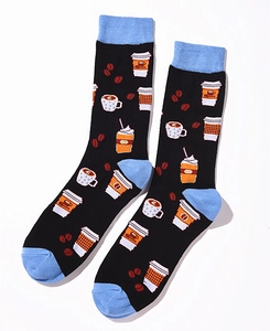 Detail of cotton crew socks featuring colorful coffee beans and latte art patterns