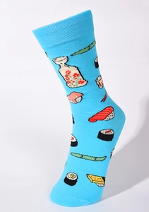 Detail of sky blue crew socks featuring colorful Japanese sushi and sake print patterns