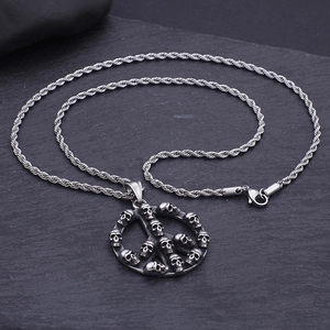 Hip hop punk style titanium steel necklace with a skull peace sign pendant in silver