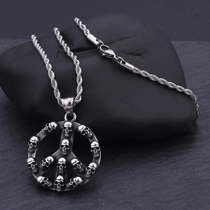 Hip hop punk style silver stainless steel twisted chain necklace with skull peace pendant