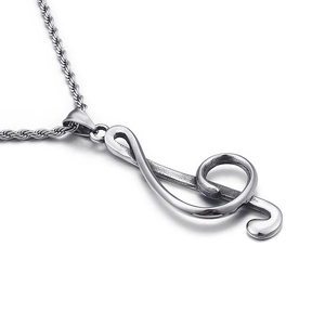 Polished stainless steel G clef musical note pendant with silver twist rope chain