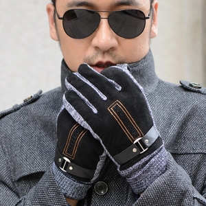 Men Winter Gloves Suede Knit Patchwork Touchscreen Thermal Warm Fleece Lined Windproof Buckle Strap