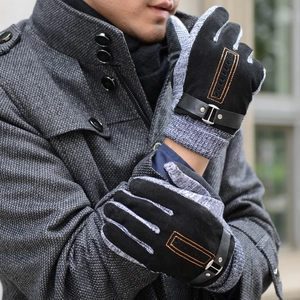 Men's touch screen leather gloves with suede stitching and wrist strap for winter