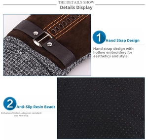 Detail view of winter leather gloves showing anti-slip palm and knitted cuffs texture
