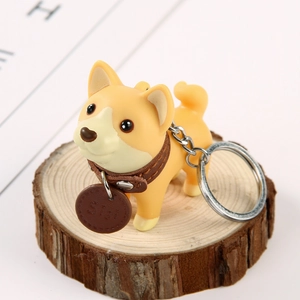 Cute Shiba Inu dog keychain pendant on wood base with a silver keyring accessory