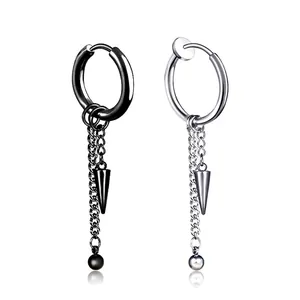 Titanium steel tassel chain earrings for men and women in black and silver tones