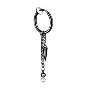 Black titanium steel clip-on hoop earring with hanging chain and cone pendant charm