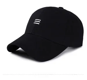 Detail of a black cotton baseball cap featuring three white horizontal stripes embroidery