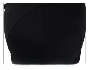 Macro shot of 6-panel crown stitching and breathable embroidered eyelets on a black cotton cap
