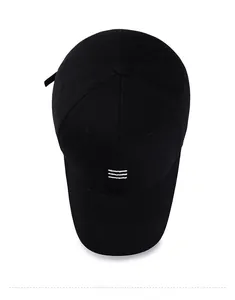 Top down view of black cotton baseball cap with white stripe embroidery detail