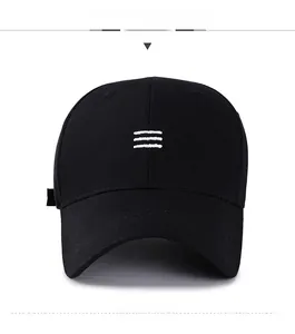 Detail of black cotton baseball cap with three white horizontal embroidered lines