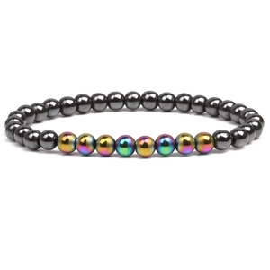6mm magnetic hematite bracelet featuring colorful iridescent beads on white background