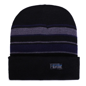 Winter black knit beanie with striped pattern and wide brim for skiing and warmth