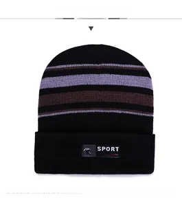 Detail of winter beanie featuring colorful stripes and a Sport branded woven label