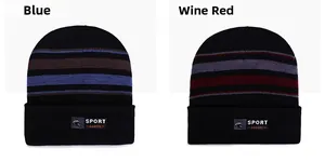 Detailed comparison of two striped knit beanies in blue and wine red with sports logo patch