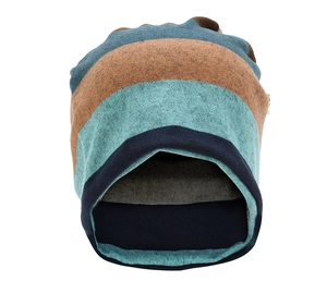 Detailed view of thick knit fabric with green, brown, and navy blue stripe pattern