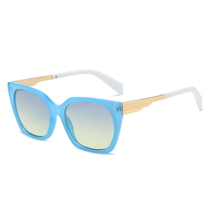 Fashionable square frame sunglasses with sky blue frames and blue-yellow gradient lenses