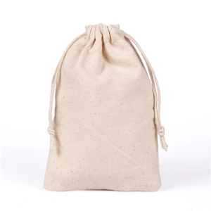 Natural beige canvas drawstring storage bag made of eco-friendly cotton fabric