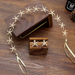 Bridal gold starfish rhinestone headband and ear clips set with ribbons for wedding party