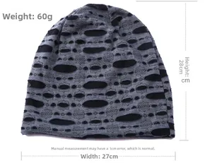 Detailed size chart showing 28cm height and 27cm width for this distressed knit beanie
