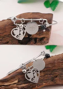 Silver bangle with Mother's Day charms featuring heart pendant and Happy Mother's Day engraving