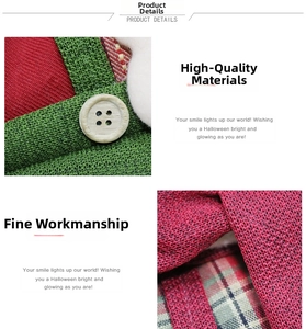 Detailed close-up of knit texture, wooden button, and plaid fabric on Christmas stocking