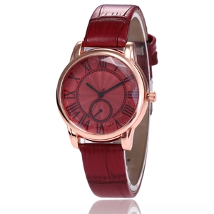 Women's quartz watch with red crocodile leather strap and rose gold Roman numeral dial
