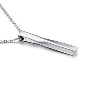Polished stainless steel twisted bar pendant necklace with silver O-chain for men