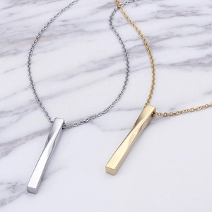 Fashionable twisted bar pendant necklace for men in gold and silver stainless steel