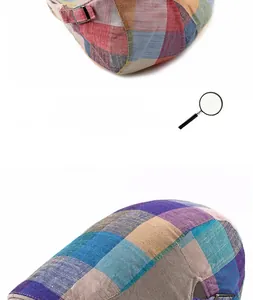 Close-up of colorful checkered flat cap showing cotton-linen texture and metal buckle