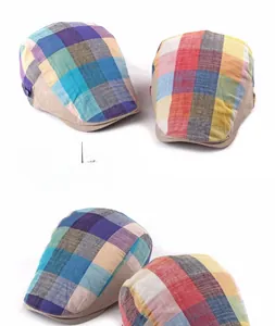 Close-up of colorful checkered patchwork pattern on high-quality fabric flat cap