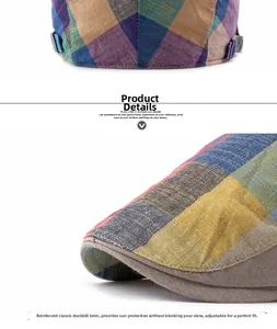 Detail view of colorful plaid pattern cap with breathable texture and metal buckle