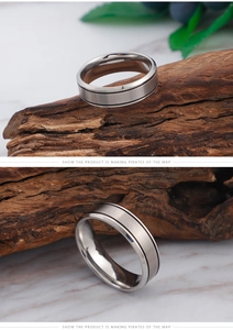 Macro detail of silver stainless steel ring with matte finish and black groove lines