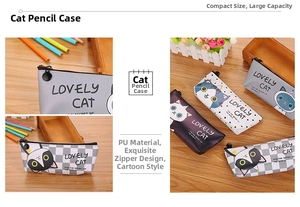 Détail de trousses à crayons chat créatives en similicuir PU texturé avec fermetures éclair