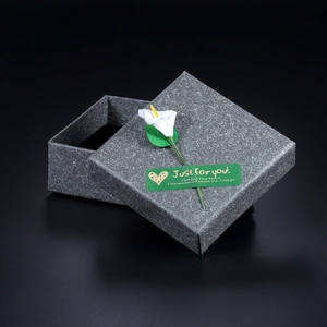 Minimalist grey hard paper jewelry box with white flower and Just for you sticker