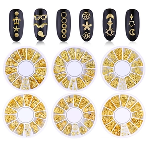 Gold Metal Nail Art Studs Rivets For DIY Manicure Mixed Star Moon Heart Shapes Hollow Decoration Accessories Assortment
