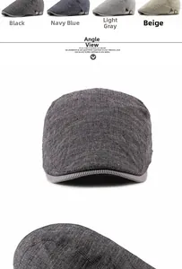 Detail view of cotton linen flat caps in black, navy, light grey, and beige colors